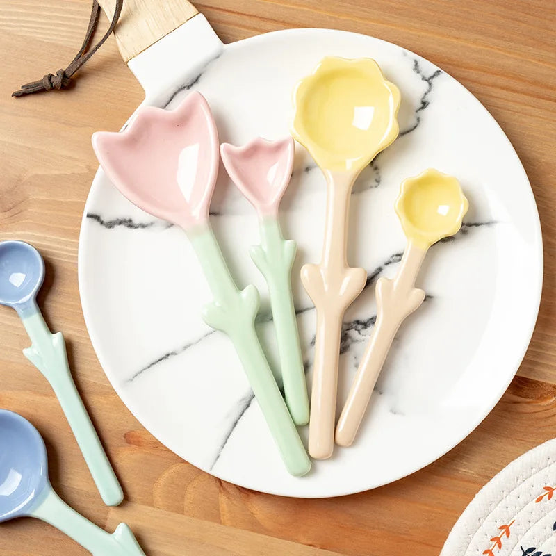 Ceramic Flower Spoons, Tulip Shaped Creative Ceramic Spoon, Cute Student Hand-painted Coffee Milk Stirring Spoon, Tableware, 1 P