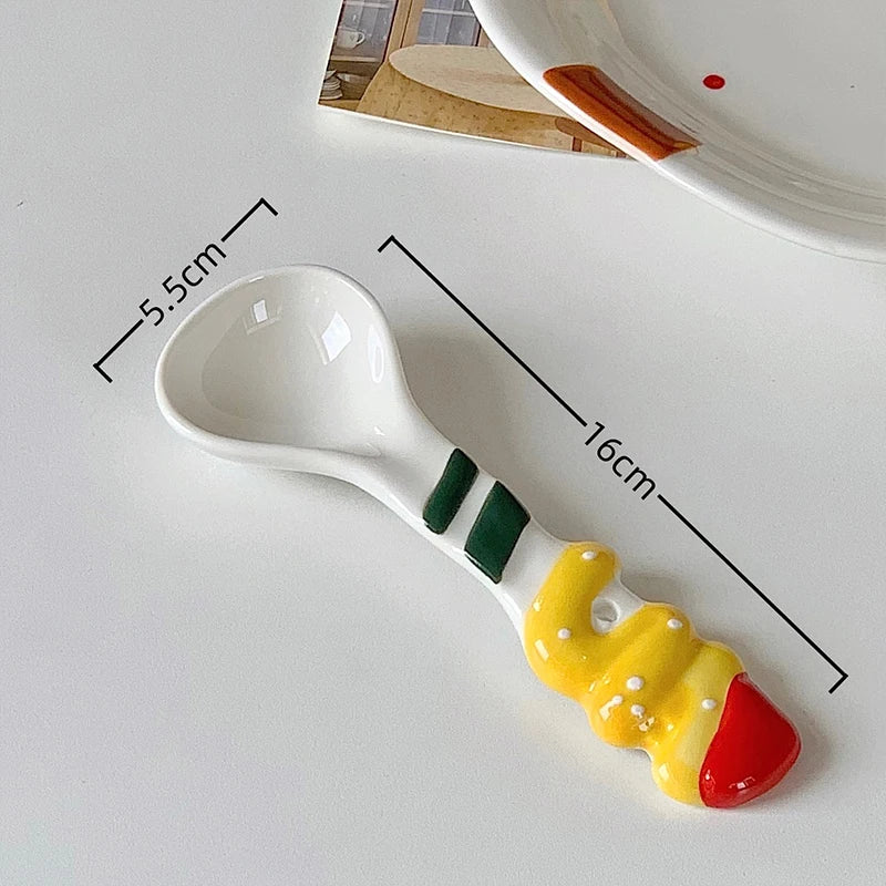 1Pc Cute Underglaze Ceramic Spoon with Long Handle for Home Dessert Yogurt Oatmeal - Stylish INS Kitchenware