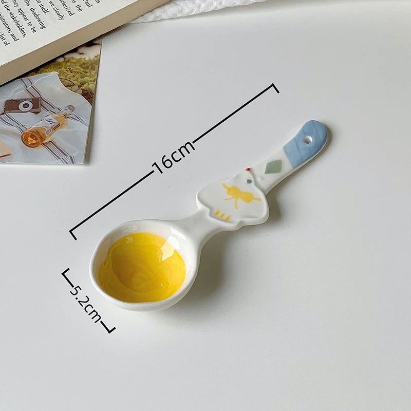 1Pc Cute Underglaze Ceramic Spoon with Long Handle for Home Dessert Yogurt Oatmeal - Stylish INS Kitchenware