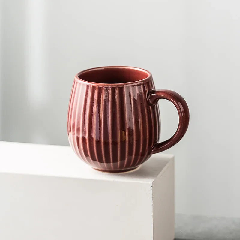 Glaze Kiln-Creative Vertical Pattern Water Mug with Handle Coffee Cup Large Capacity Ceramic Retro Japanese Style Milk Mug