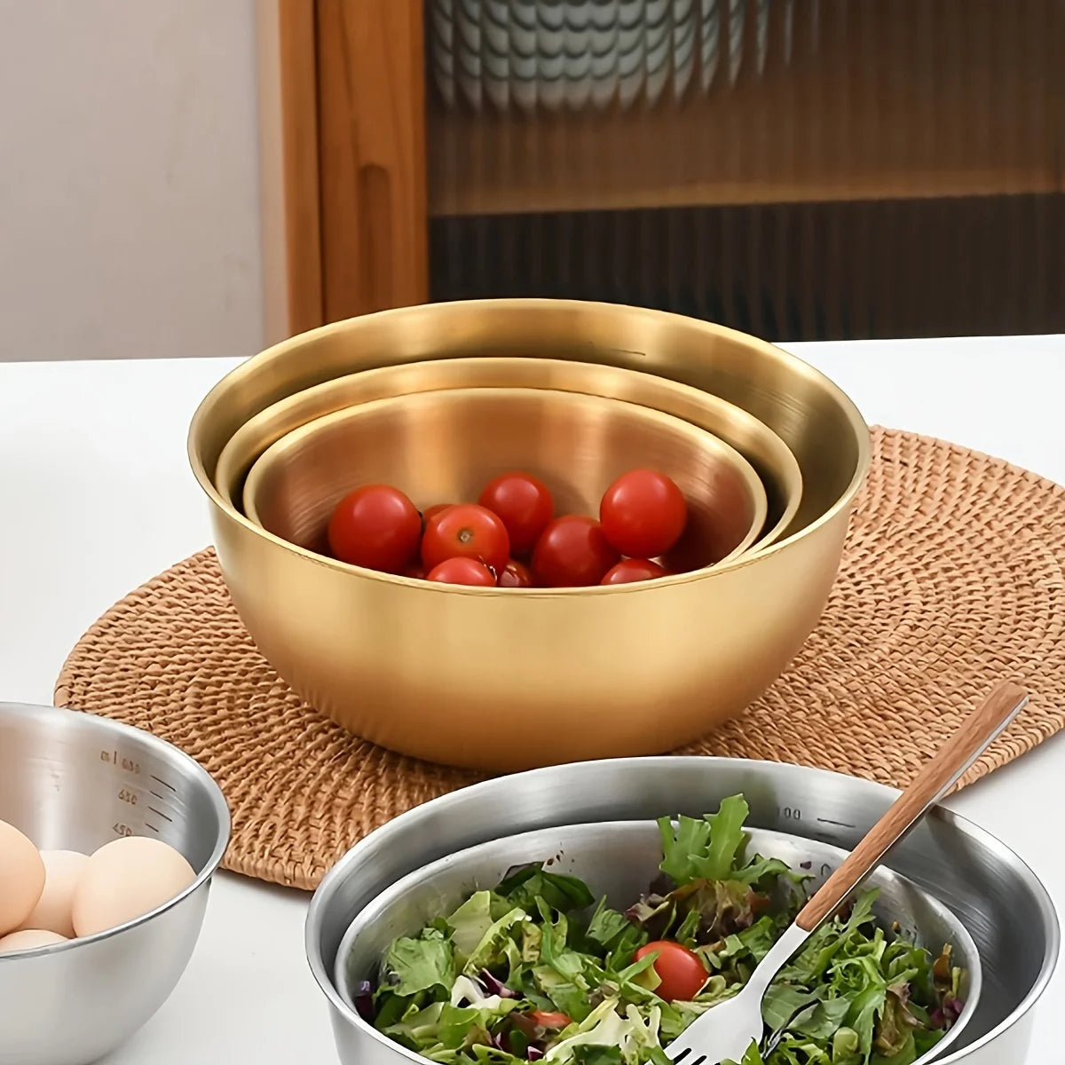 3pc Stainless Steel Mixing Bowls - Oven/Dishwasher Safe with Measurement Marks, Durable Kitchen Baking Cooking Salad Prep Set