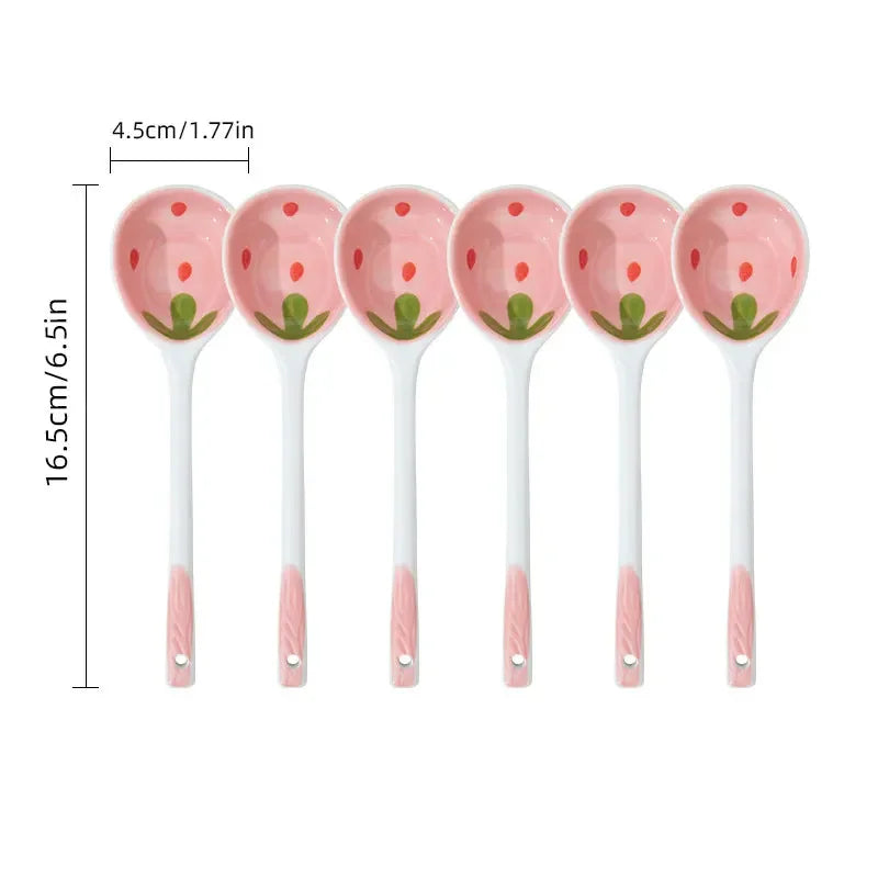 Strawberry Spoon Creative Ceramics Anti-scald Coffee Dessert Long Handle Spoon Kawaii Ice Cream Hand Painted Kitchen Accessories