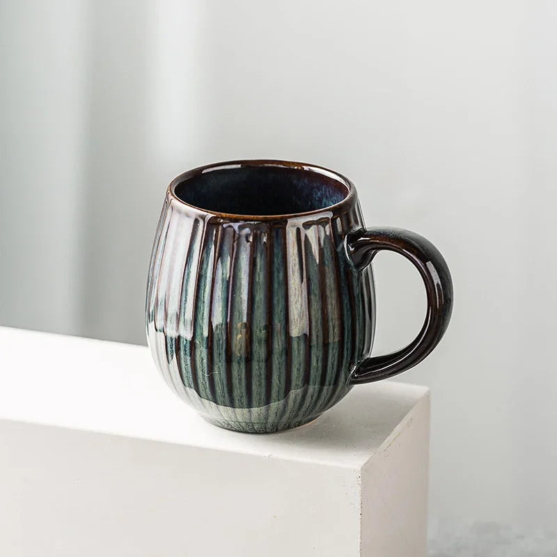 Glaze Kiln-Creative Vertical Pattern Water Mug with Handle Coffee Cup Large Capacity Ceramic Retro Japanese Style Milk Mug