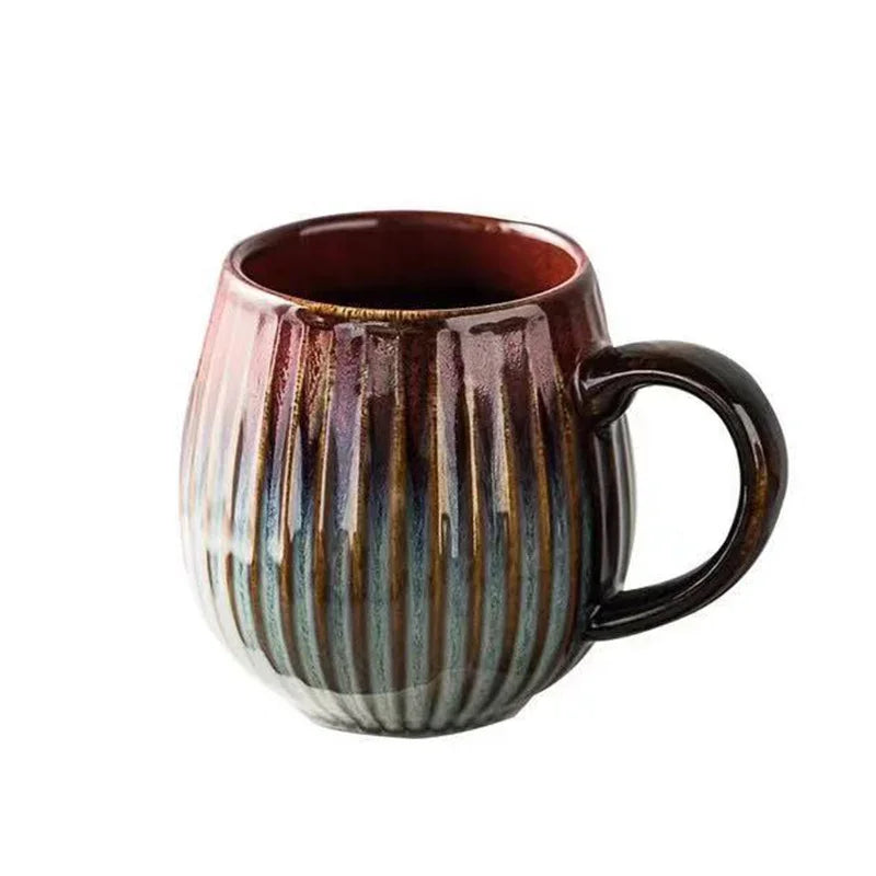 Glaze Kiln-Creative Vertical Pattern Water Mug with Handle Coffee Cup Large Capacity Ceramic Retro Japanese Style Milk Mug