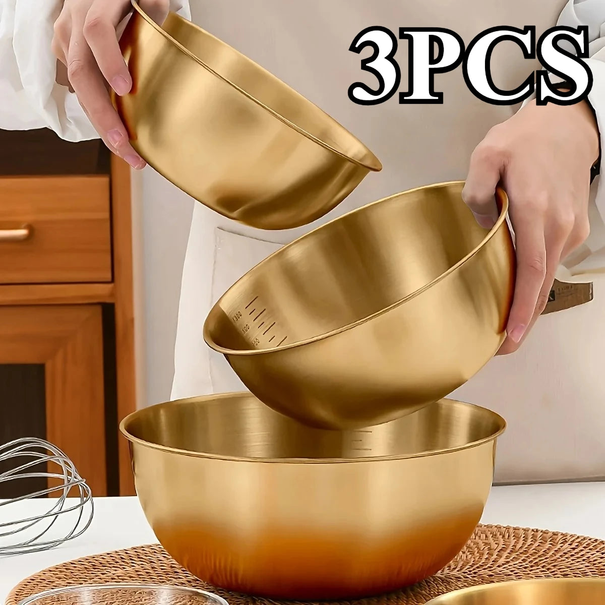 3pc Stainless Steel Mixing Bowls - Oven/Dishwasher Safe with Measurement Marks, Durable Kitchen Baking Cooking Salad Prep Set