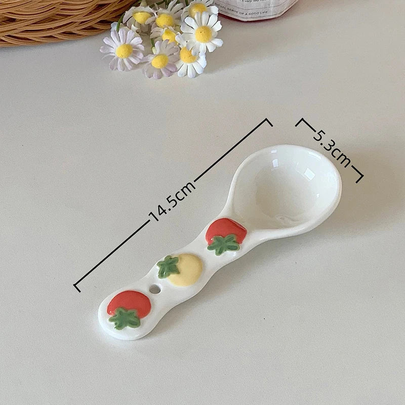 1Pc Cute Underglaze Ceramic Spoon with Long Handle for Home Dessert Yogurt Oatmeal - Stylish INS Kitchenware