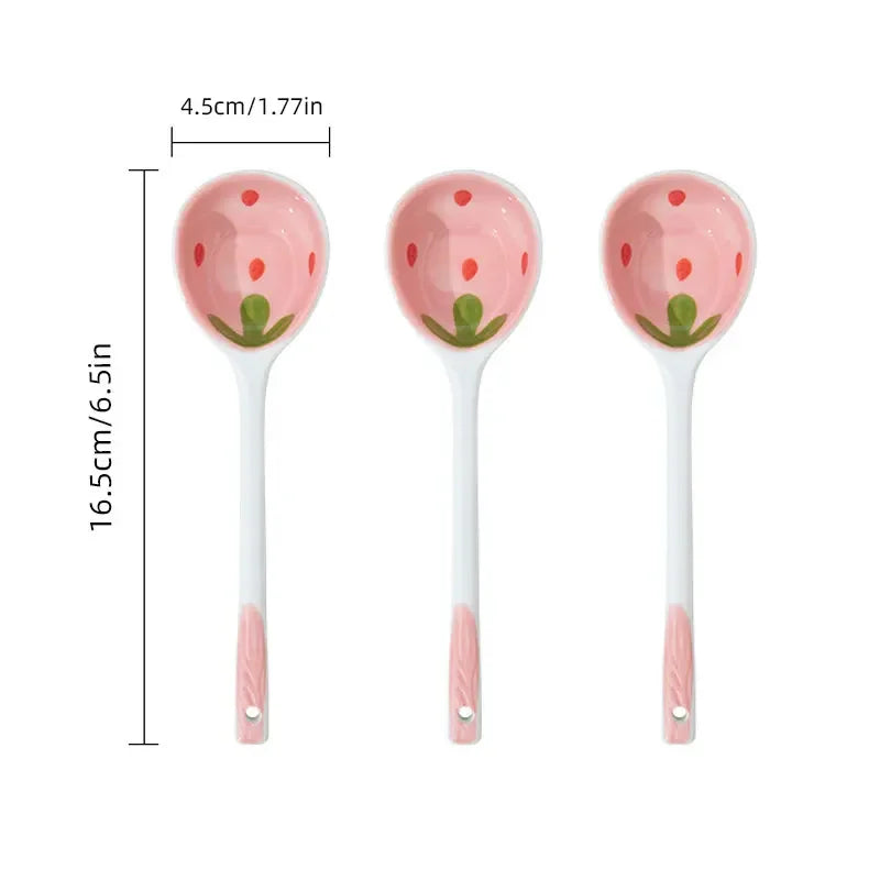 Strawberry Spoon Creative Ceramics Anti-scald Coffee Dessert Long Handle Spoon Kawaii Ice Cream Hand Painted Kitchen Accessories