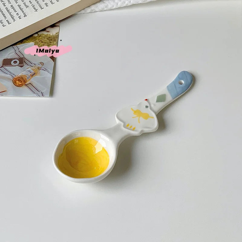 1Pc Cute Underglaze Ceramic Spoon with Long Handle for Home Dessert Yogurt Oatmeal - Stylish INS Kitchenware
