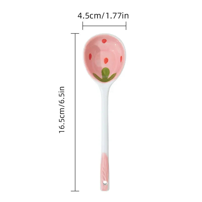 Strawberry Spoon Creative Ceramics Anti-scald Coffee Dessert Long Handle Spoon Kawaii Ice Cream Hand Painted Kitchen Accessories