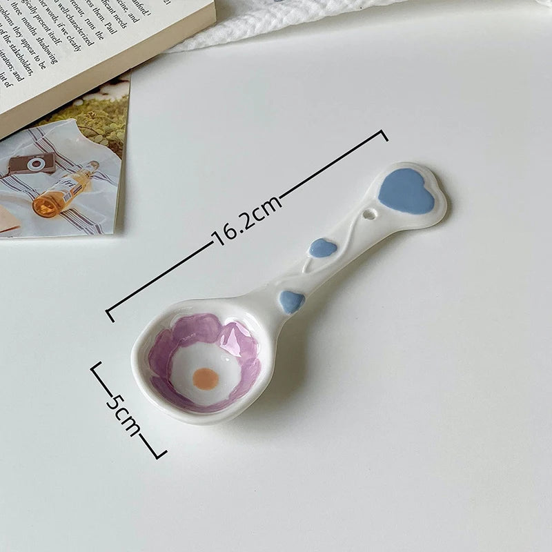 1Pc Cute Underglaze Ceramic Spoon with Long Handle for Home Dessert Yogurt Oatmeal - Stylish INS Kitchenware