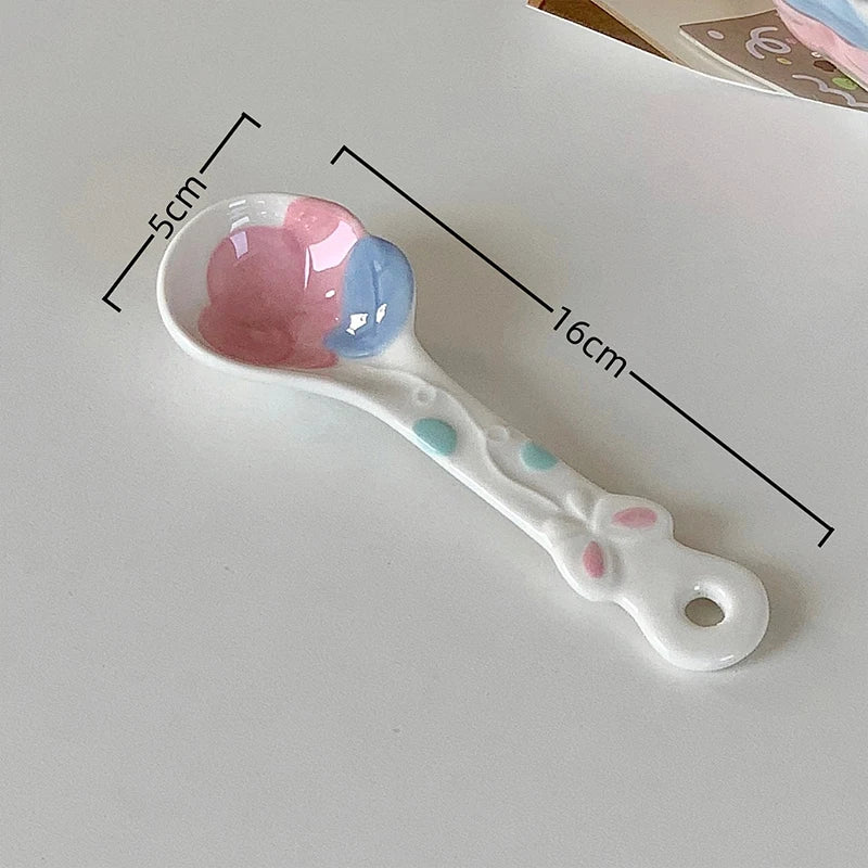 1Pc Cute Underglaze Ceramic Spoon with Long Handle for Home Dessert Yogurt Oatmeal - Stylish INS Kitchenware