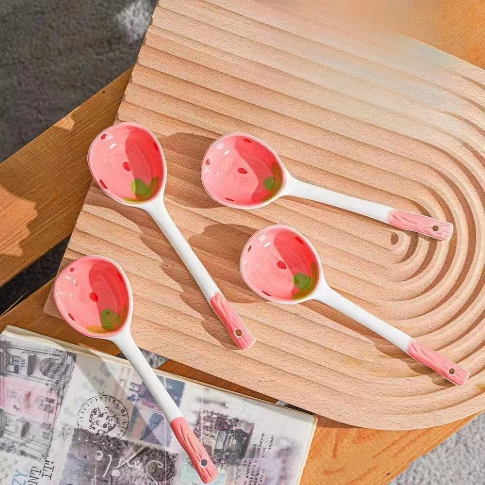 Strawberry Spoon Creative Ceramics Anti-scald Coffee Dessert Long Handle Spoon Kawaii Ice Cream Hand Painted Kitchen Accessories