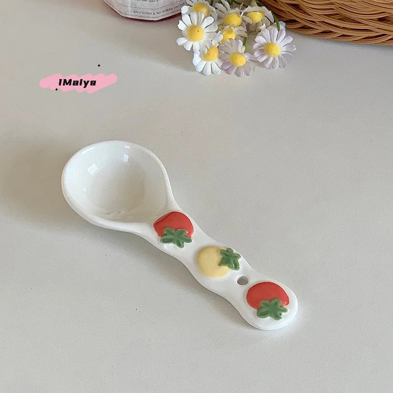1Pc Cute Underglaze Ceramic Spoon with Long Handle for Home Dessert Yogurt Oatmeal - Stylish INS Kitchenware
