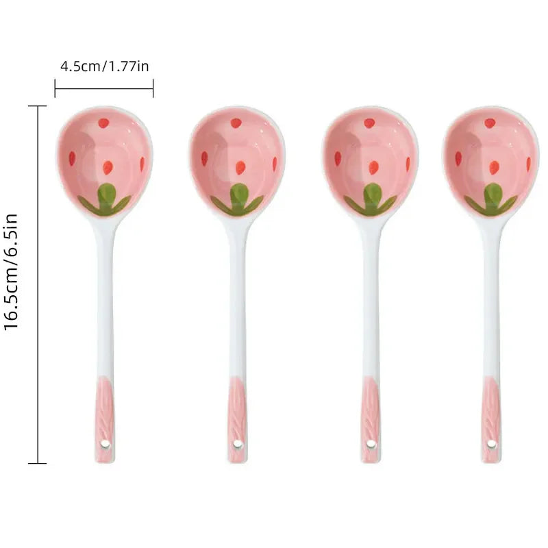Strawberry Spoon Creative Ceramics Anti-scald Coffee Dessert Long Handle Spoon Kawaii Ice Cream Hand Painted Kitchen Accessories